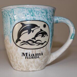 Large Miami Florida Swimming Dolphins Embossed Teal Coffee Mug Beach Souvenir